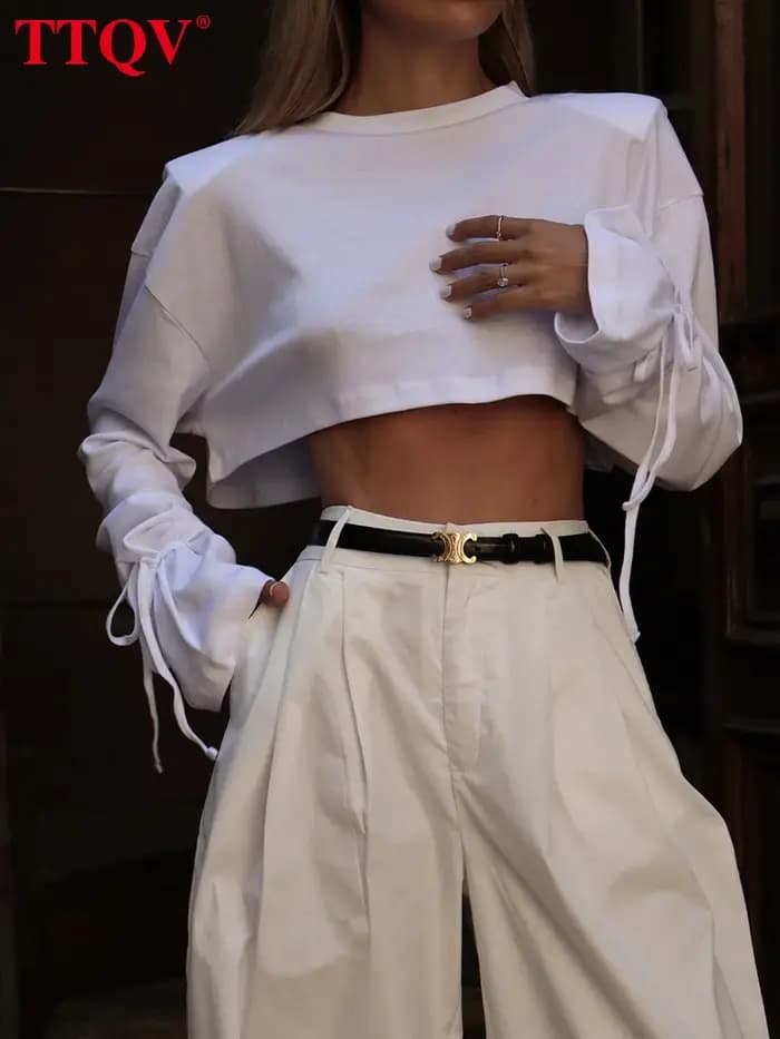 TTQV mode ample blanc coton femmes chemise décontracté col rond à manches longues dame