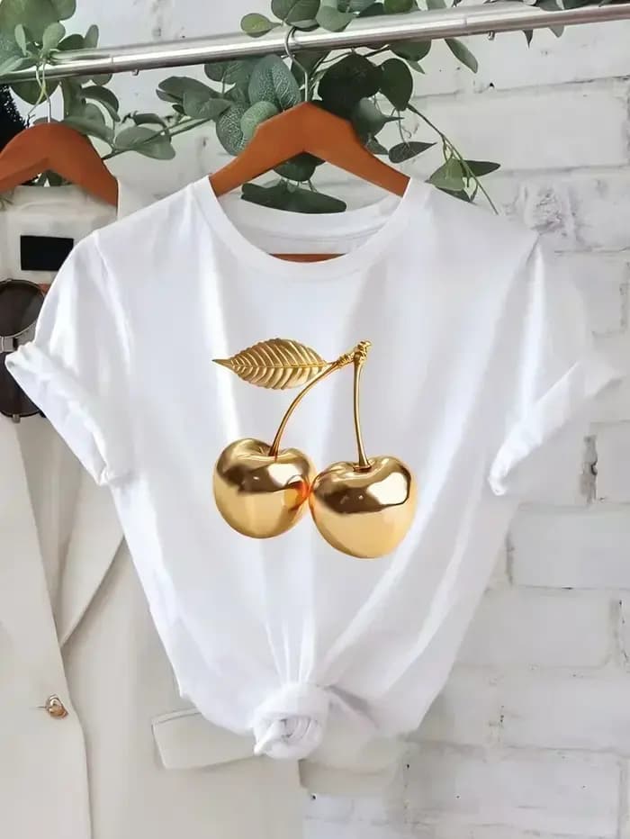 T-shirt imprimé motif cerise doré brillant pour hommes et femmes