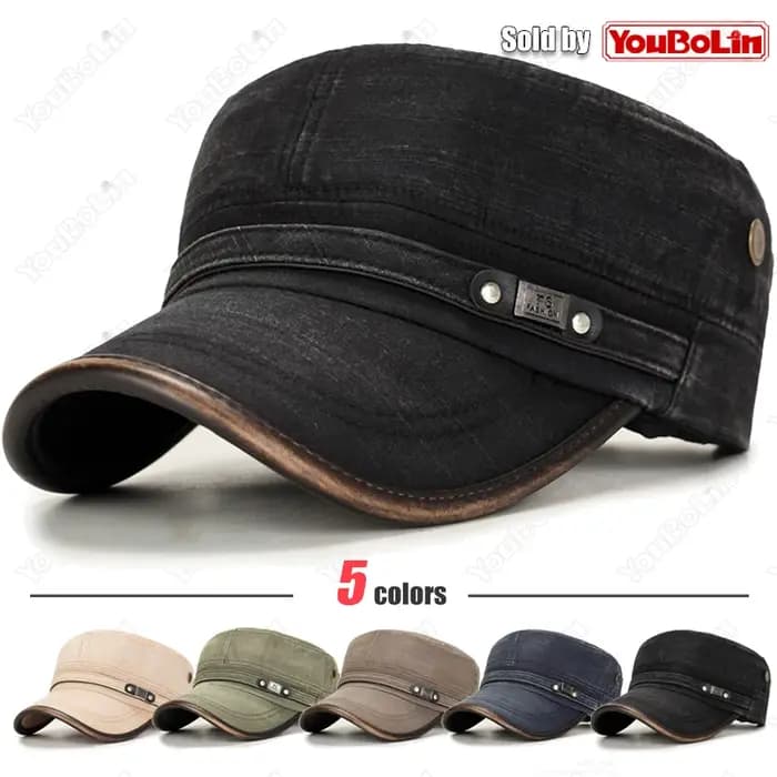 Casquette plate réglable en coton délavé à bord en cuir pour école militaire