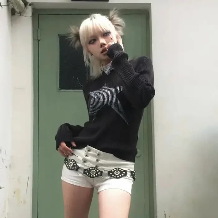 Karrcat Grunge Esthétique Star Print Trashy Y2k T-shirt en tricot à manches longues Vintage gothique tricots américain rétro années 90