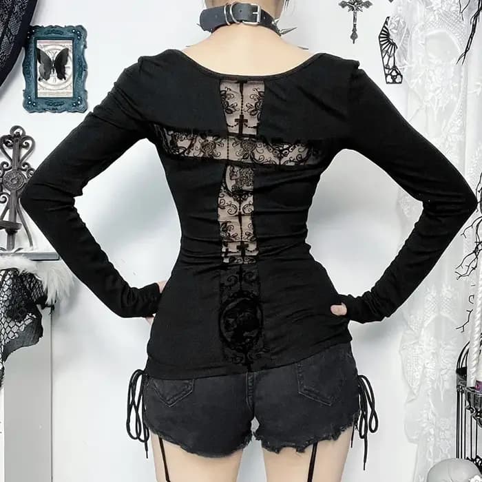 T-shirt gothique en maille évidée pour femme