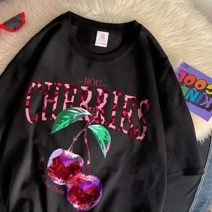 ROU cerises t-shirt femmes violet cristal imprime surdimensionné coton T-Shirts décontracté col rond manches courtes hauts été femme vêtements