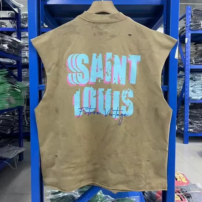 SAINT Débardeur Vintage Homme Sans Manches Effet Vieilli Délavé Style Rétro Streetwear Coupe Ample T-shirt Court