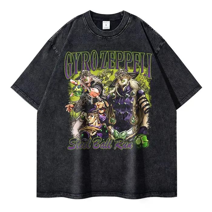 Bandai Anime JoJos t-shirt Vintage lavé JOJO boule d'acier course T-shirts Streetwear Manga Gyro Zeppeli hauts