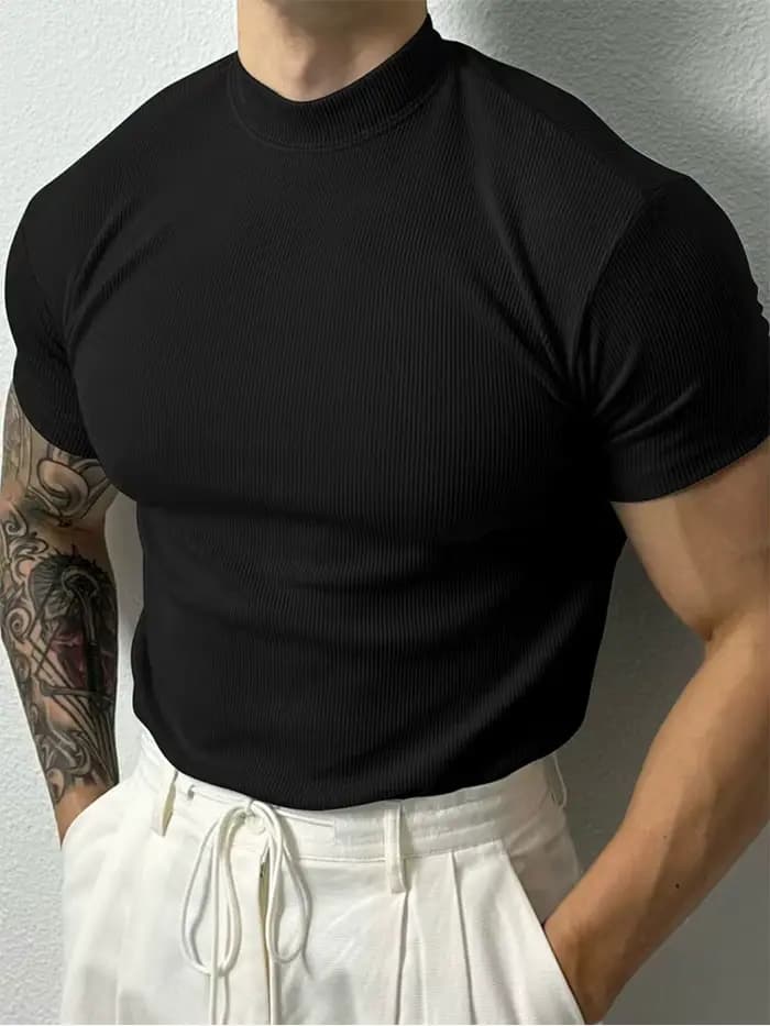 Nouveau T-shirt homme tendance 2026 – Haut de sport à col montant rayé