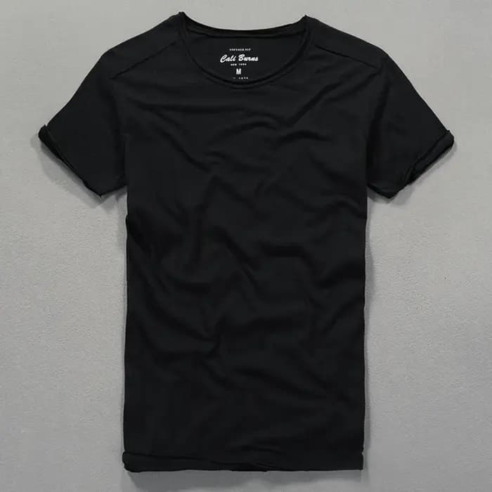 T-shirt col rond pour hommes en coton flammé en détresse mode d'été mince décontracté couleur unie col effiloché et