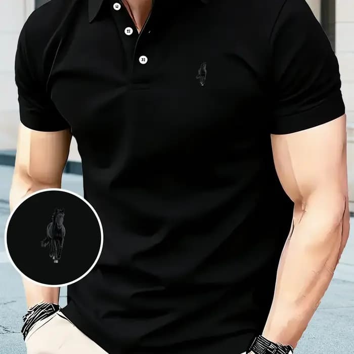 Polo noir pour homme à imprimé cheval