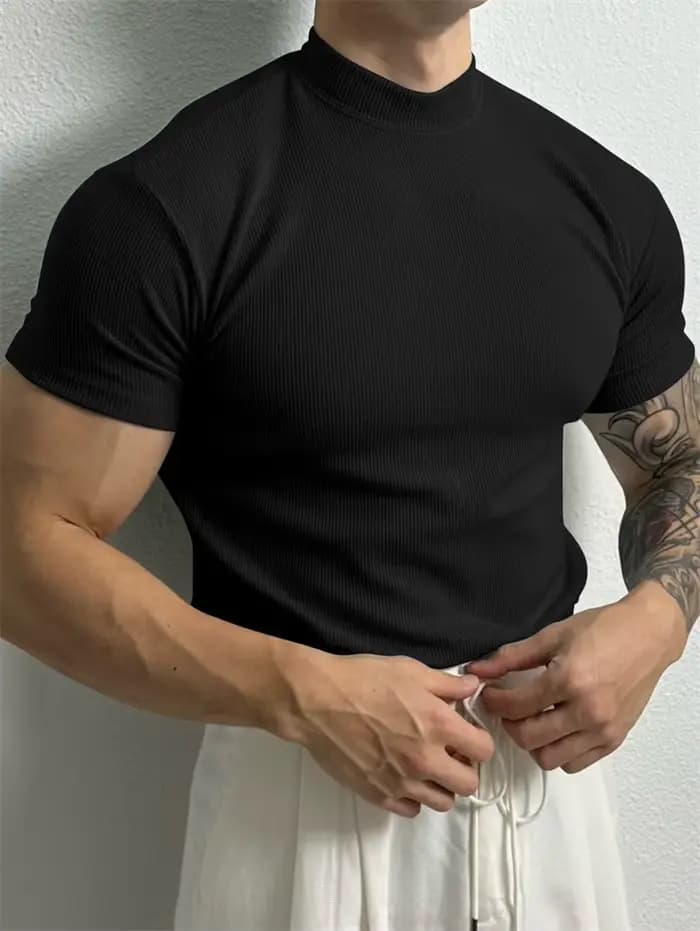 Nouveau T-shirt homme tendance 2026 – Haut de sport à col montant rayé