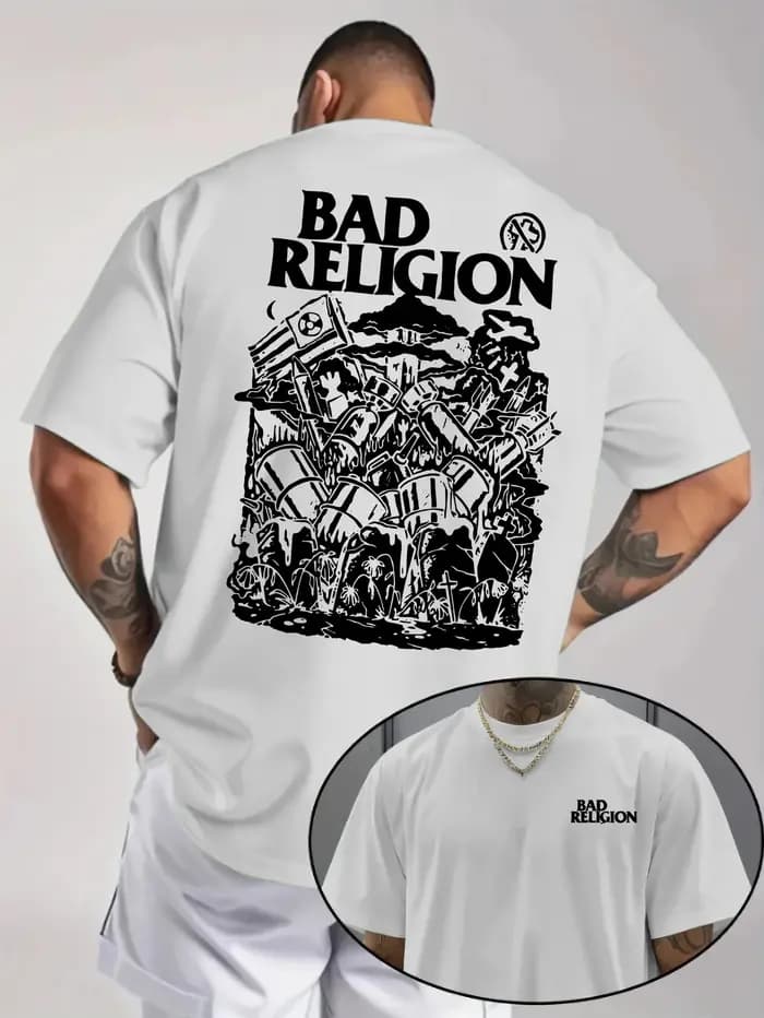 T-shirt à motif punk rock pour hommes - BAD RELIGION, motif imprimé au dos, haut pour hommes, cadeau