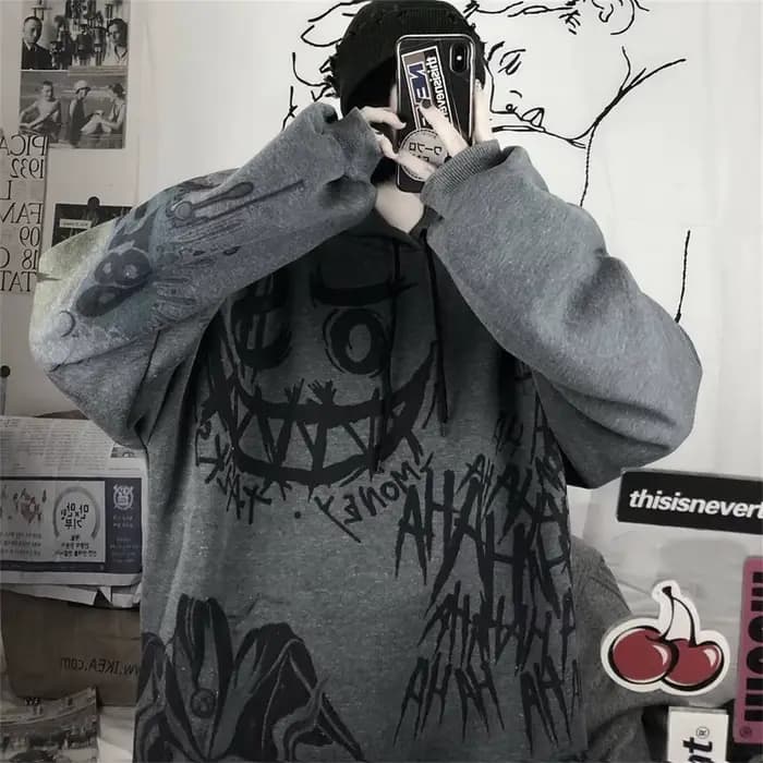Gothique japon dessin animé Hip Hop sweat à capuche surdimensionné femmes printemps automne drôle Pu