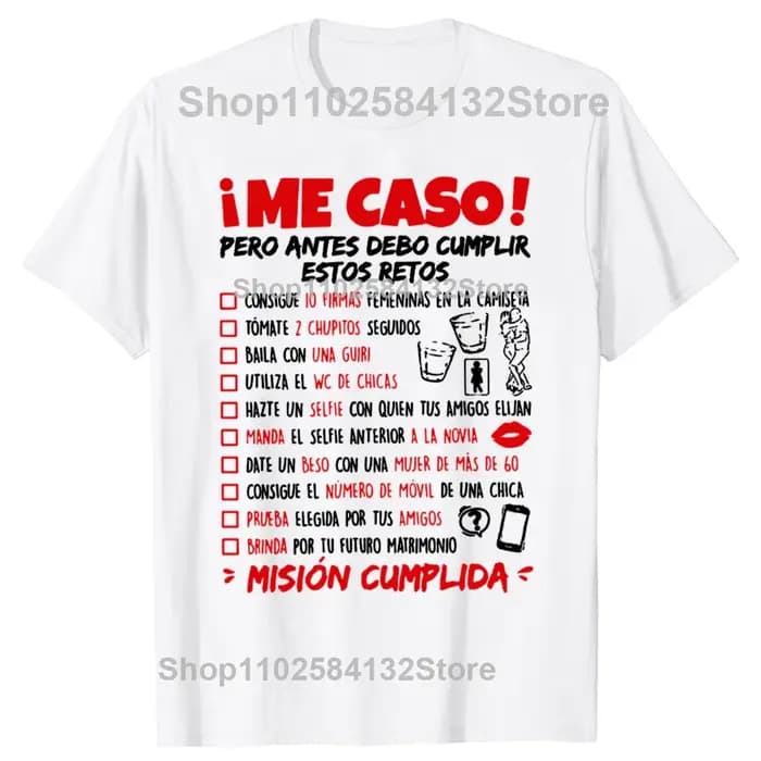 T-shirts amusants pour enterrement de vie de garçon, liste de défis, humour espagnol, mariage, marié