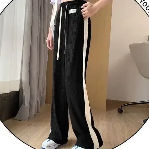 Jogging de sport bleu pour femme, pantalon noir à jambe droite, vêtements pour femme, taille élastiq