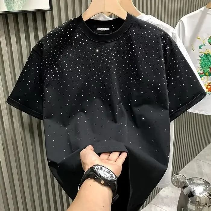 T-shirt d'été pour homme à col rond, style coréen décontracté, avec strass et clous, à manches court