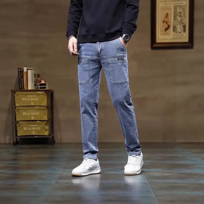 Jean vintage coupe droite pour homme – Tendance décontractée printemps-automne – Six poches – Pantalon long – Vêtement de travail – Confortable – En denim de coton