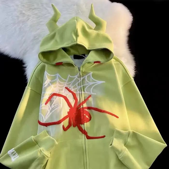 Y2K sweat à capuche zippé Harajuku Hip Hop graphiques brodés cornes du diable