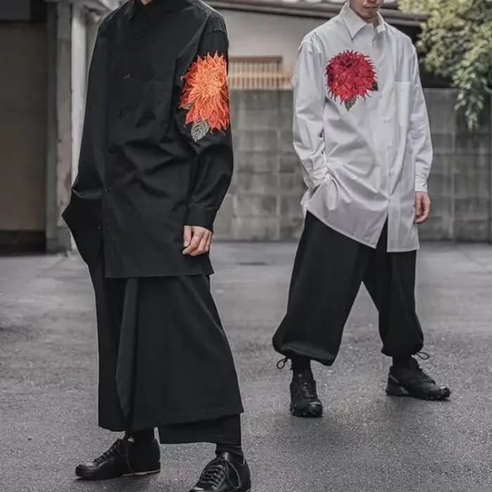 Yamamoto Style chemise à fleurs rouges hommes japonais allongé foncé brodé haut
