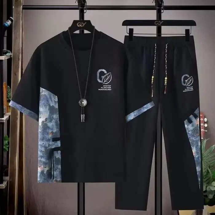 Hommes T-shirts pantalons décontractés 2 pièces ensemble nouveau automne surdimensionné noir survête
