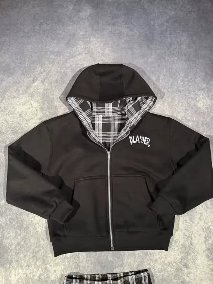 Sweat à capuche moderne à fermeture éclair double face avec motif damier vintage pour garde-robe de