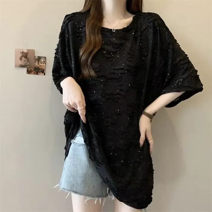 Trou grande taille rue décontracté hauts été nouveau à manches courtes en vrac solide jeunesse mode t-shirts paresseux Style coréen femmes vêtements