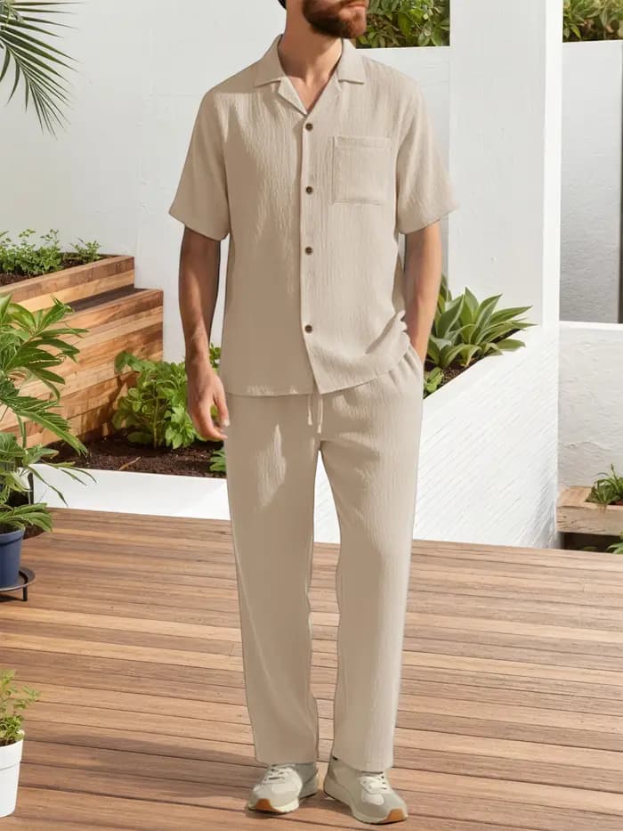 Ensembles décontractés deux pièces pour hommes – Hauts à revers à manches courtes et pantalons longs de couleur unie –