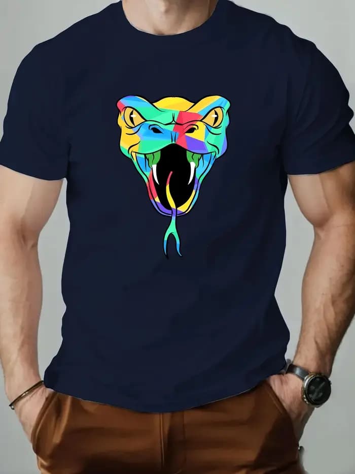 T-Shirt homme 100% coton dessin animé Animal serpent imprimé été surdimensionné col rond respirant décontracté manches