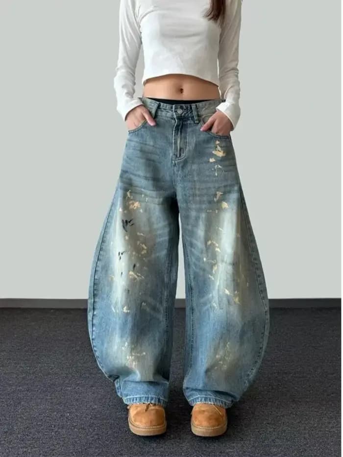 2025 Ropa Y2K mode peinture à l'encre Vintage bleu Baggy jean pantalon pour femmes vêtements vieille jambe large dame