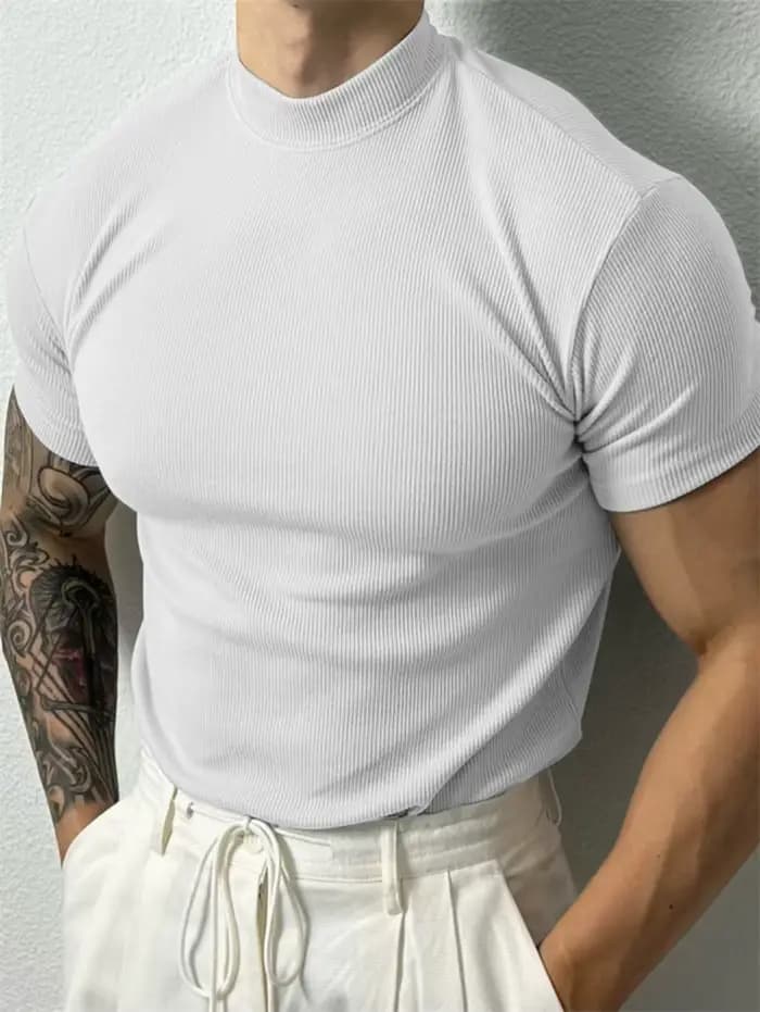 Nouveau T-shirt homme tendance 2026 – Haut de sport à col montant rayé