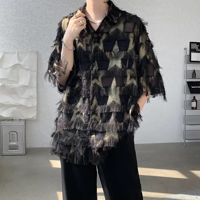 Chemise à pampilles à manches courtes pour hommes, chemises Hip Hop décontractées, mode Streetwear,