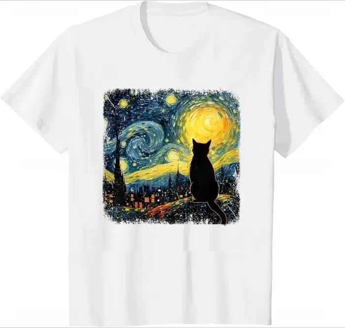 T-shirt pour femme motif Chat Nuit étoilée Van Gogh, pour les amoureux des chats, style décontracté