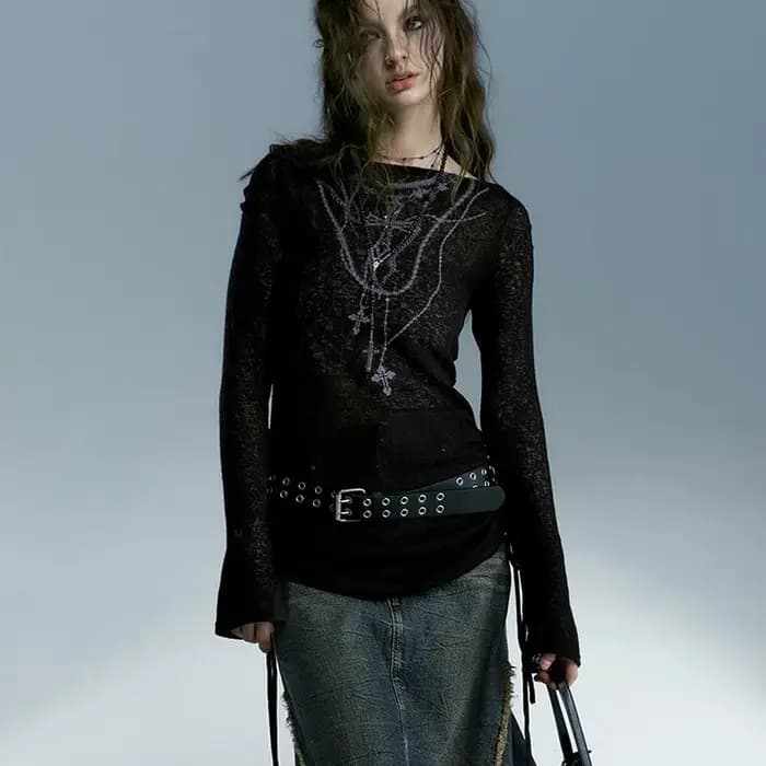Karrcat Grunge esthétique tricoté hauts Vintage tatouage impression T-shirt Wasteland Punk noir côtelé