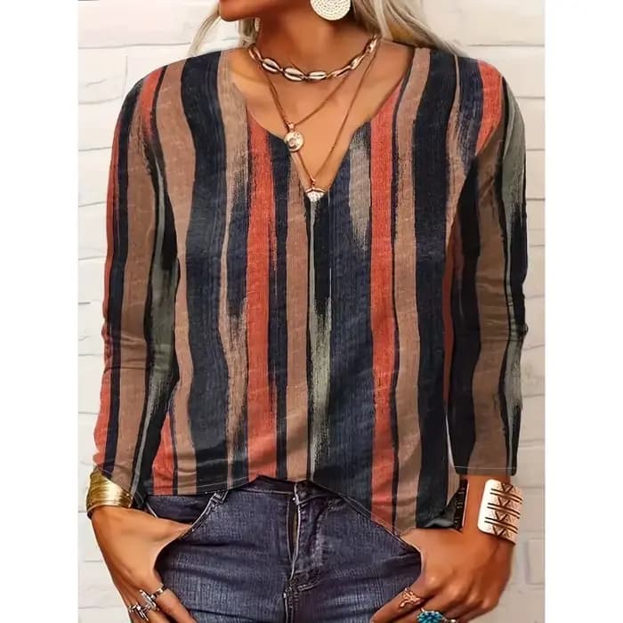Femmes grande taille 1XL-8XL décontracté confortable à manches longues haut mode col en v rayé respirant T-shirt