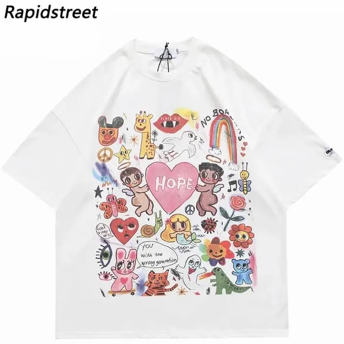 Hommes T-Shirt surdimensionné Hip Hop Streetwear peinture lettre coeur arc-en-ciel anges graphique