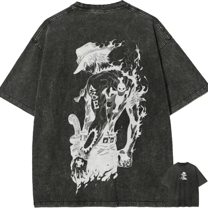 T-shirt Ace pour homme, One Piece, délavé à l'acide, motif poing de feu sur le dos, en coton, style