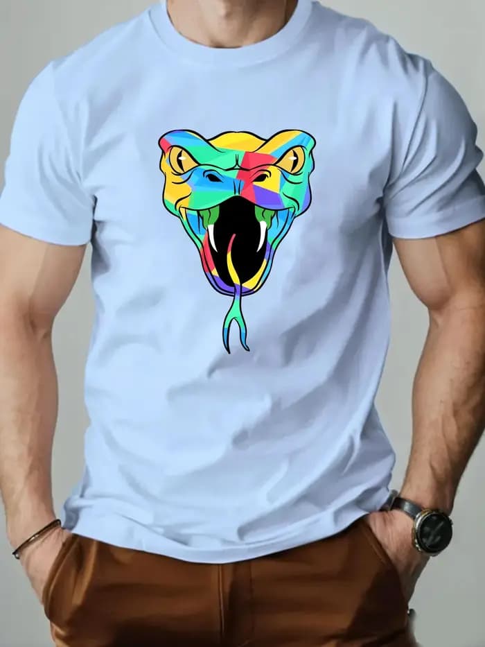 T-Shirt homme 100% coton dessin animé Animal serpent imprimé été surdimensionné col rond respirant décontracté manches