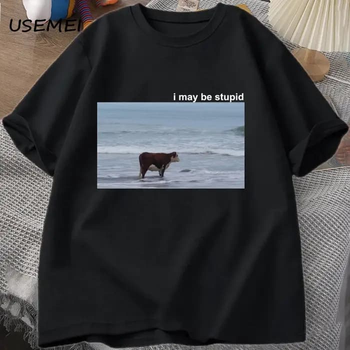 I May Be Stupid Cow on Beach Funny Meme T-shirt en coton pour hommes, T-shirt à manches courtes, T-s