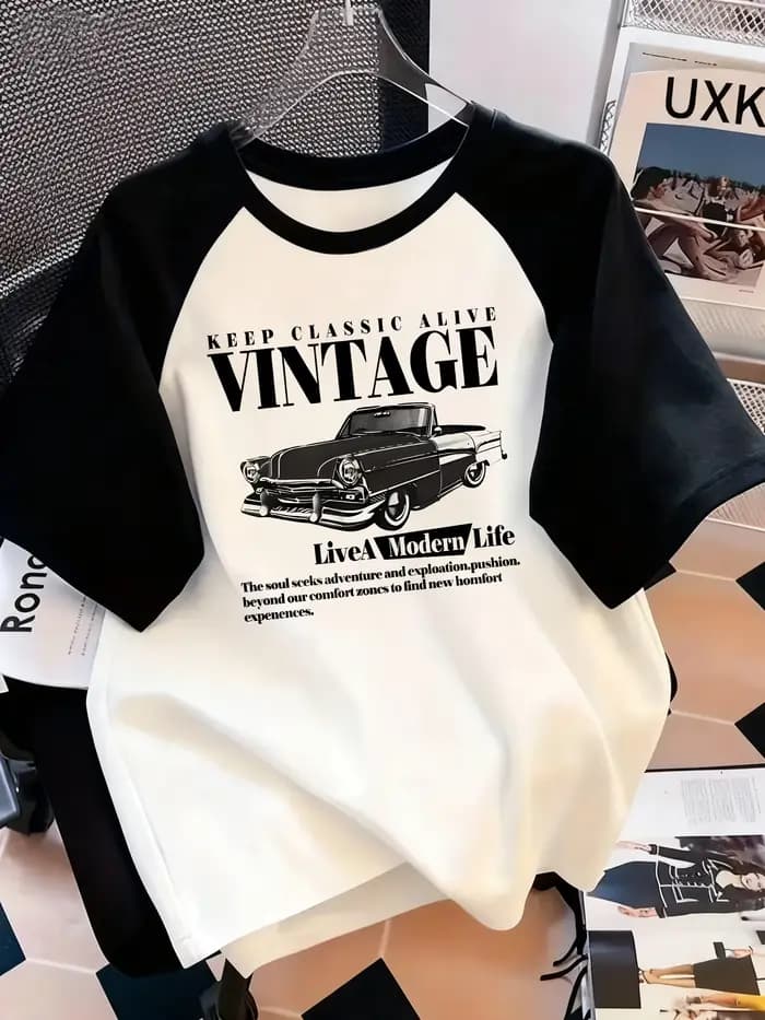 Harajuku Vintage voiture graphique lettre imprimer col rond T-Shirt décontracté à manches courtes haut pour printemps été vêtements pour femmes