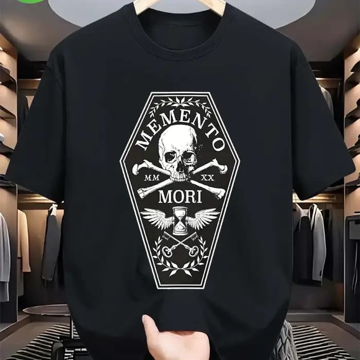 T-shirt Gothique Memento Mori pour Homme 100% Coton, Motif Latin Mortify avec Imprimé Crâne Noir et