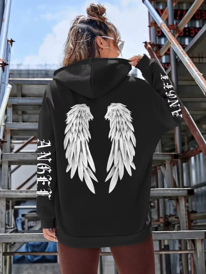 Sweat à capuche imprimé belles ailes d'ange pour femmes