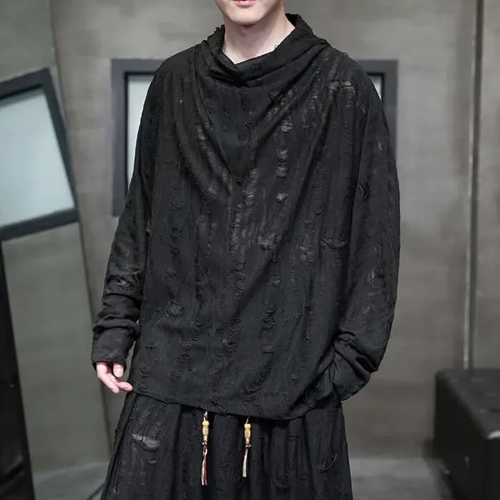 T-shirt à manches longues en coton déchiré pour hommes