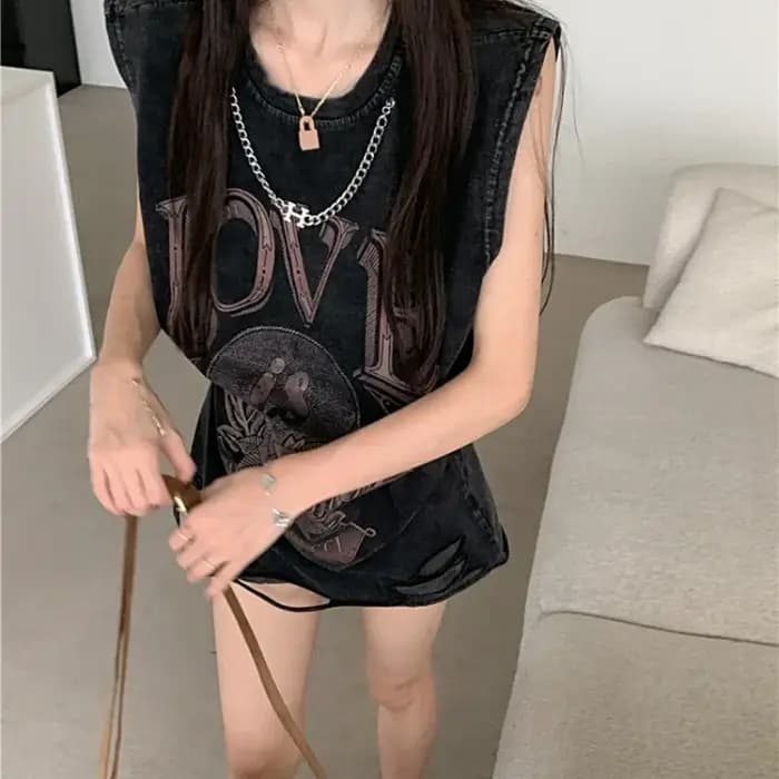 Harajuku Vintage en détresse lavé déchiré gilet T-shirt femmes été ample imprimé haut sans manches tendance Y2k