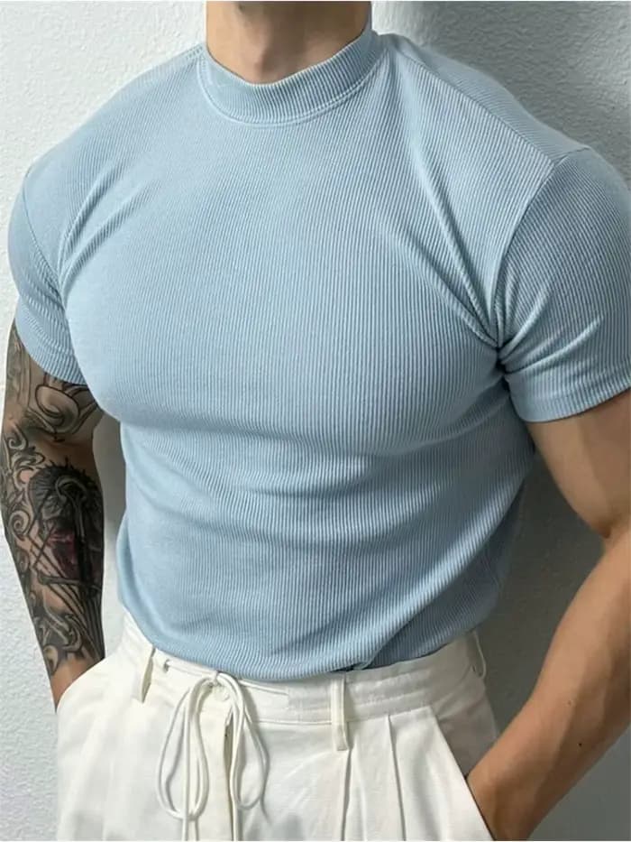 Nouveau T-shirt homme tendance 2026 – Haut de sport à col montant rayé