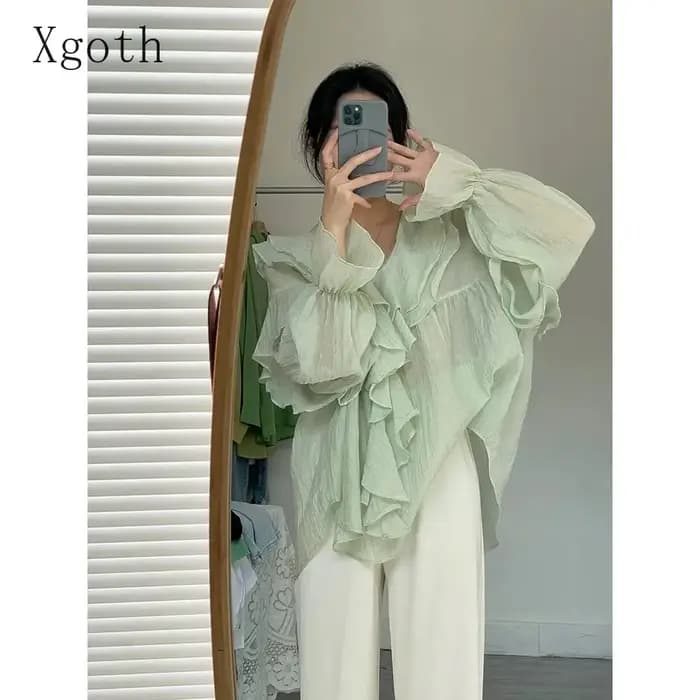 Xgoth à volants col en v manches à bulles Blouses femmes vêtements printemps/automne nouveau élégant minceur