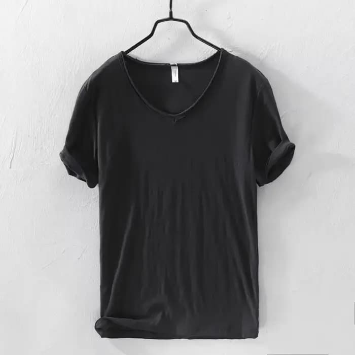 T-Shirt rétro à bords bruts pour hommes, 100% coton, léger, respirant, ajusté, monochromatique, col