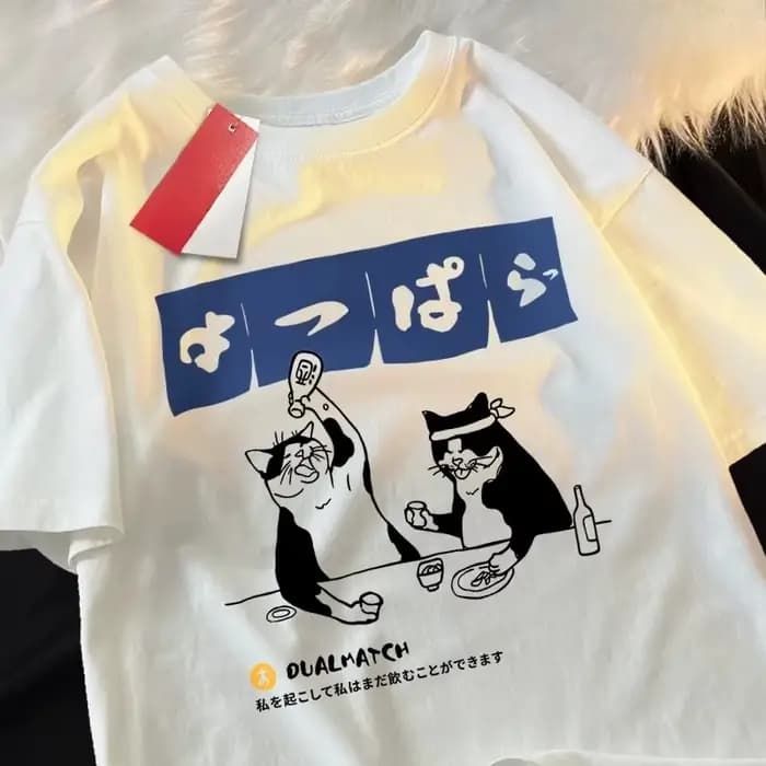 Harajuku japonais chat boire haut femmes col rond T-shirt Streetwear été vêtements Hip Hop sport T-s