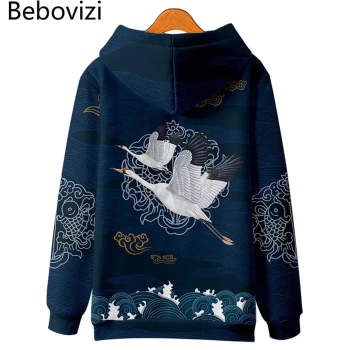 Sweat à capuche imprimé grue Harajuku pour hommes et femmes