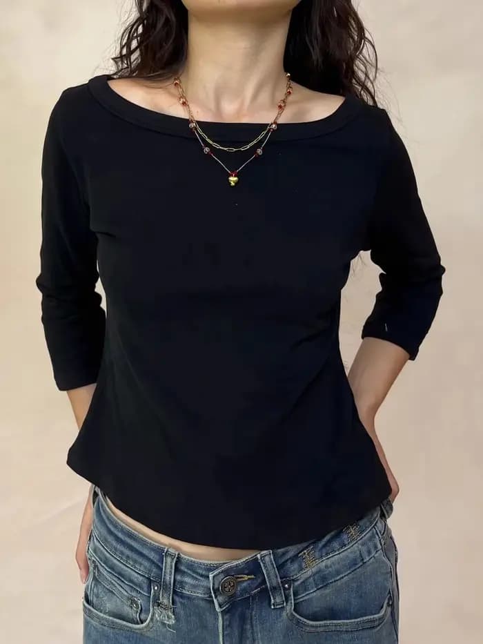 Simple trois quarts manches T-shirts femme automne solide basique Slash cou coton mince haut court