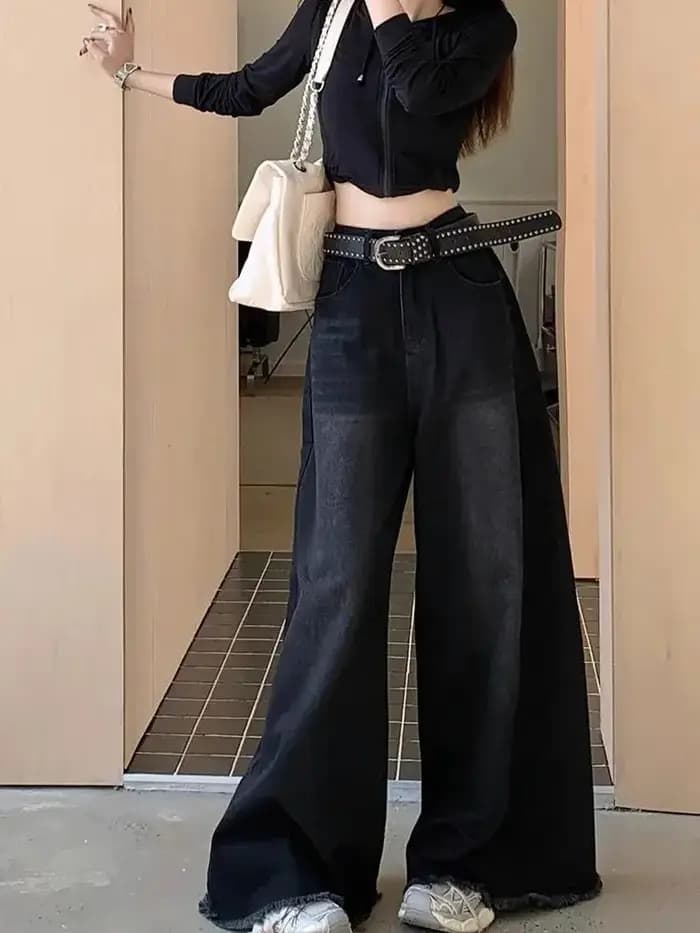 Jean élégant Chic américain Vintage noir à jambes larges pour femmes