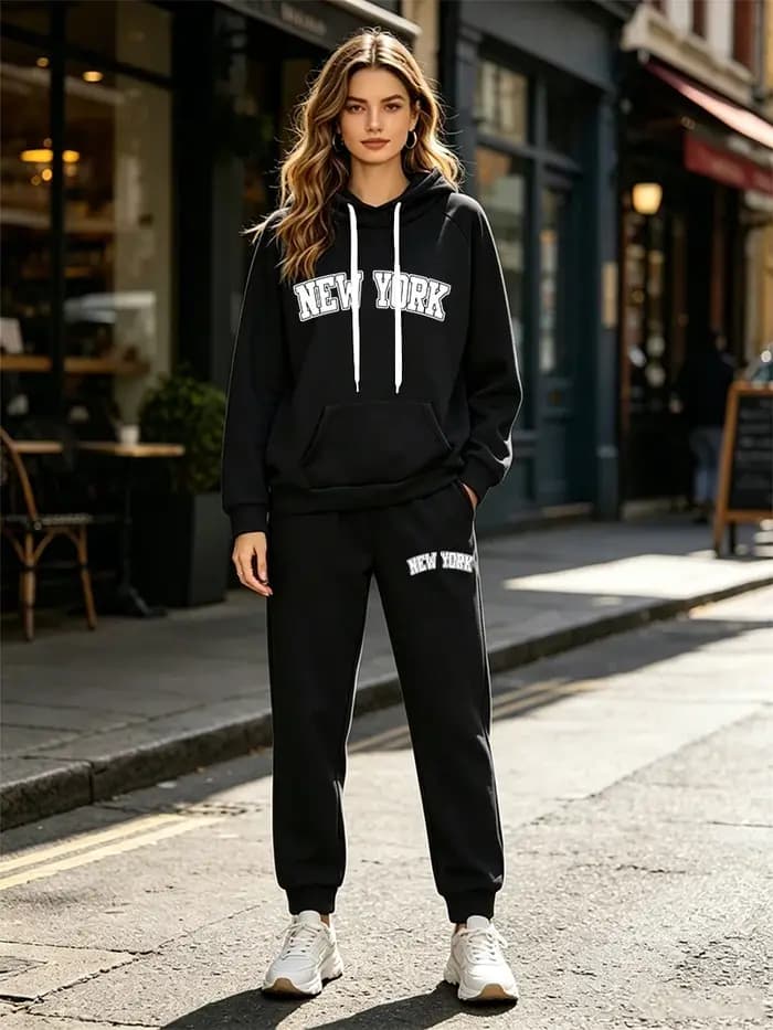 Nouvel ensemble décontracté pour femme : sweat à capuche et pantalon 2 pièces pour le sport et les loisirs en extérieur – Collection automne-hiver