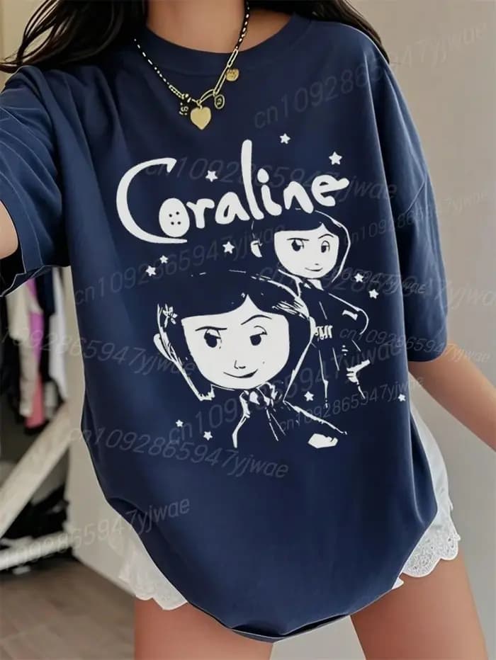 T-Shirt en coton de haute qualité pour femmes Coraline graphique 3d à manches courtes col rond ample et respirant confortable Streetwear haut décontracté
