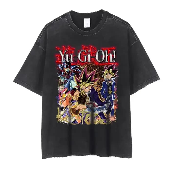 T-shirts Anime Yu-Gi-Oh Vintage Noir Délavé Magicien Ample Y2K Streetwear Manga Yugi Mutou Manches Courtes Hauts Décontractés